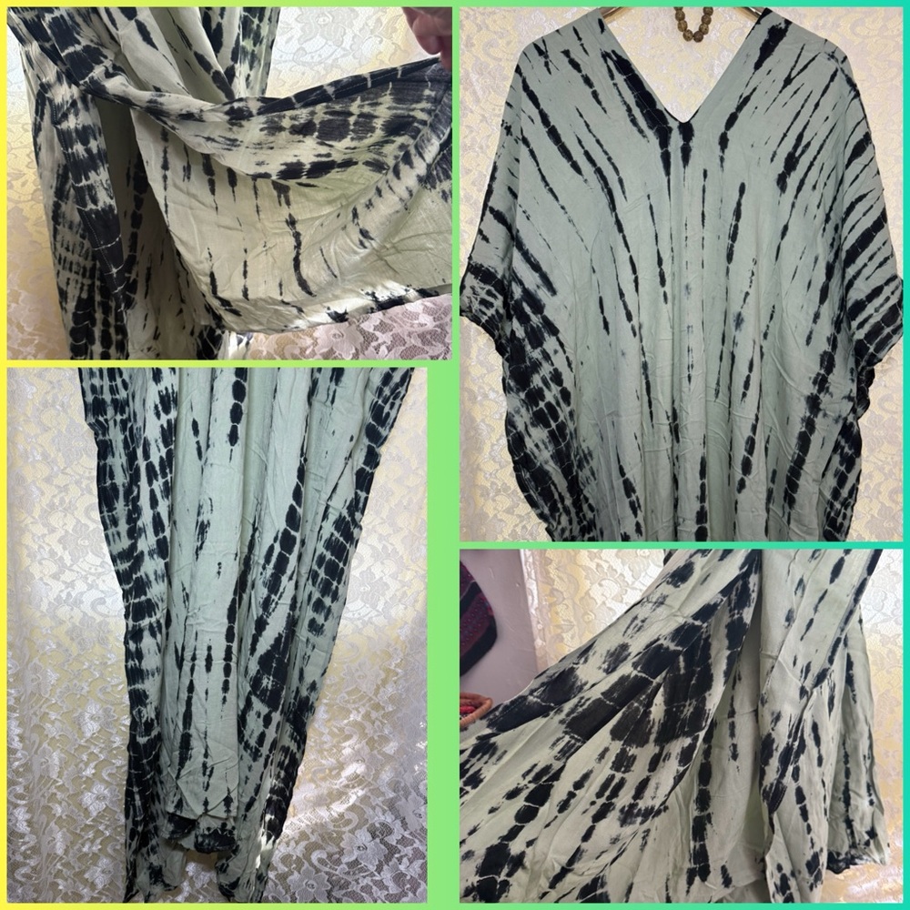 Mint Green Black Tie-Dye caftan Maxi Dress styepark1 euc side slits osfm